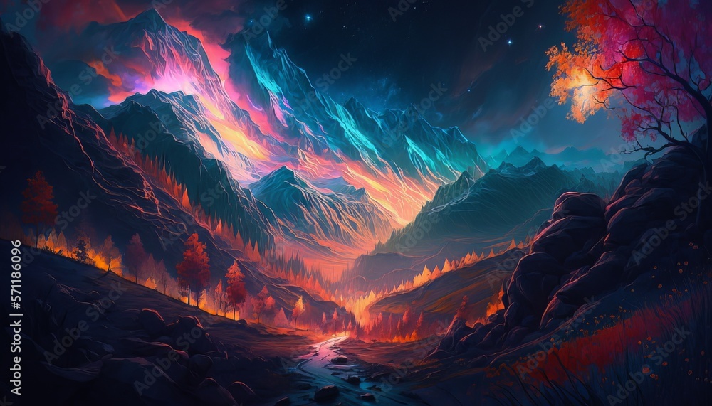 Majestic astral fantasy colorful mountain background. Generative AI technology.