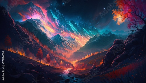 Majestic astral fantasy colorful mountain background. Generative AI technology.