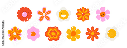 Large set of retro flowers 60s-70s. Smiling face. Collection of different flowers in a hippie style. Vector illustration isolated on a white background