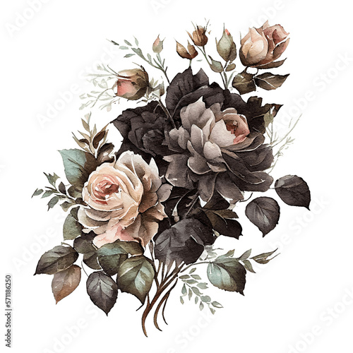 Watercolor floral bouquet composition with roses, png transparent background, generative ai.