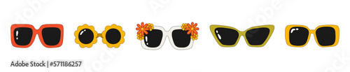 A set of hippie-style sunglasses. Glasses with flowers in the style of the 60s-70s. Retro glasses. Vector illustration isolated on a white background