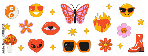Clipart of the 60s - 70s. Hippie style. Vector illustrations in simple linear style. Stickers - Sunglasses, butterfly, heart, flowers,mushroom, smiley face. psychedelic style. Isolated on background. 