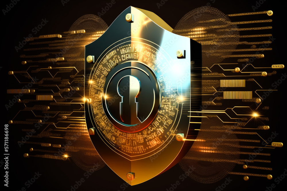 Golden Lock for online banking internet security safety and vpn on dark background with futuristic gold lines(generative AI)