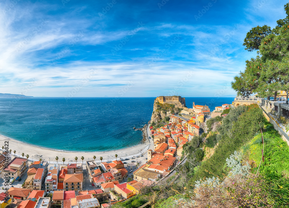 Awesome seaside and village Scilla with old medieval castle on rock Castello Ruffo