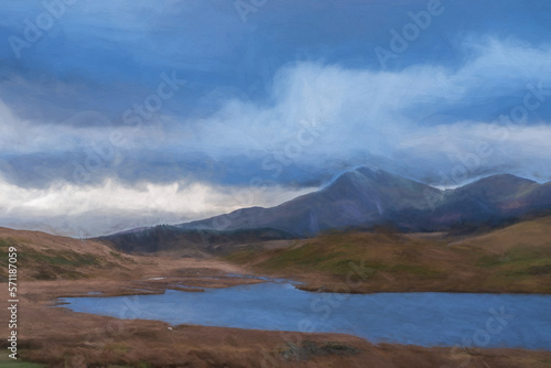 Digital painting of Moel Hebog Mountain. Snowdonia National Park in North Wales, UK from Llyn Dywarchen © Rob Thorley