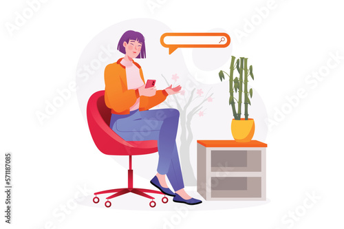 Girl suffering internet Asian concept with people scene in the flat cartoon design. Girl rest after work day and surfing on the Internet. Vector illustration.