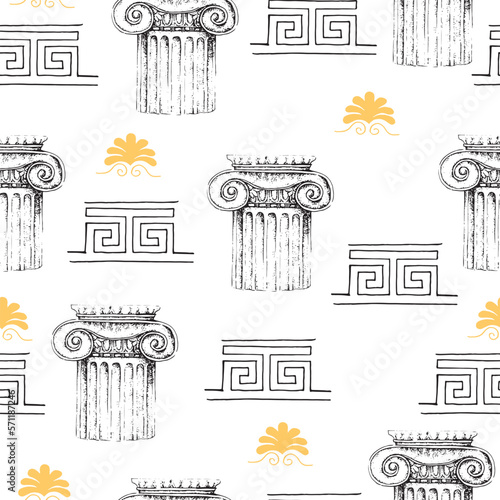 Antique pattern. Vector hand drawn illustration on a white background. Antique columns, ornament.