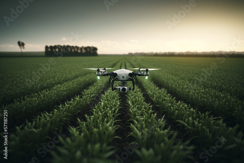 Agricultural drone flies to spray fertilizer on fields Generative AI photo