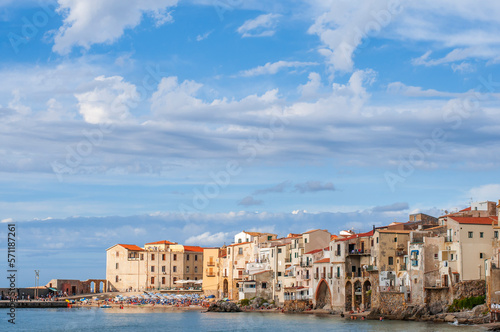 The fishing village of Cefalu in Sicily / The fishing village of Cefalu with its town beach on Sicily, Italy.