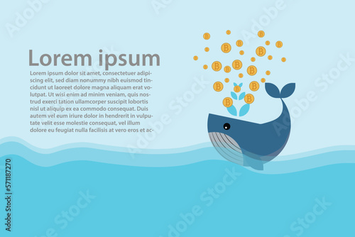 Whale spouting Bitcoin in the blue sea , Copy space,concept cryptocurrency market.