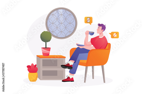 Digital detox Asian concept with people scene in the flat cartoon design. Man decided to take a break from gadgets and drink coffee. Vector illustration.