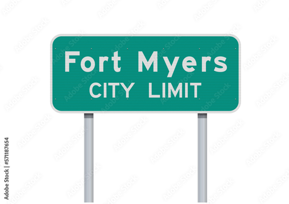 Vector illustration of the Fort Myers (Florida) City Limit green road sign on metallic post Vector illustration of the Fort Myers (Florida) City Limit green road sign on metallic post