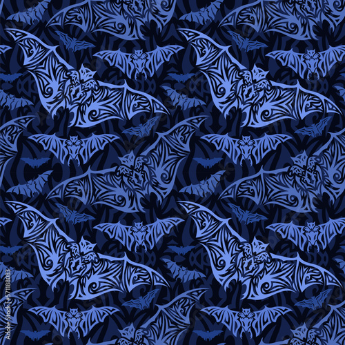 Colorful blue tribal tile pattern with flying bats