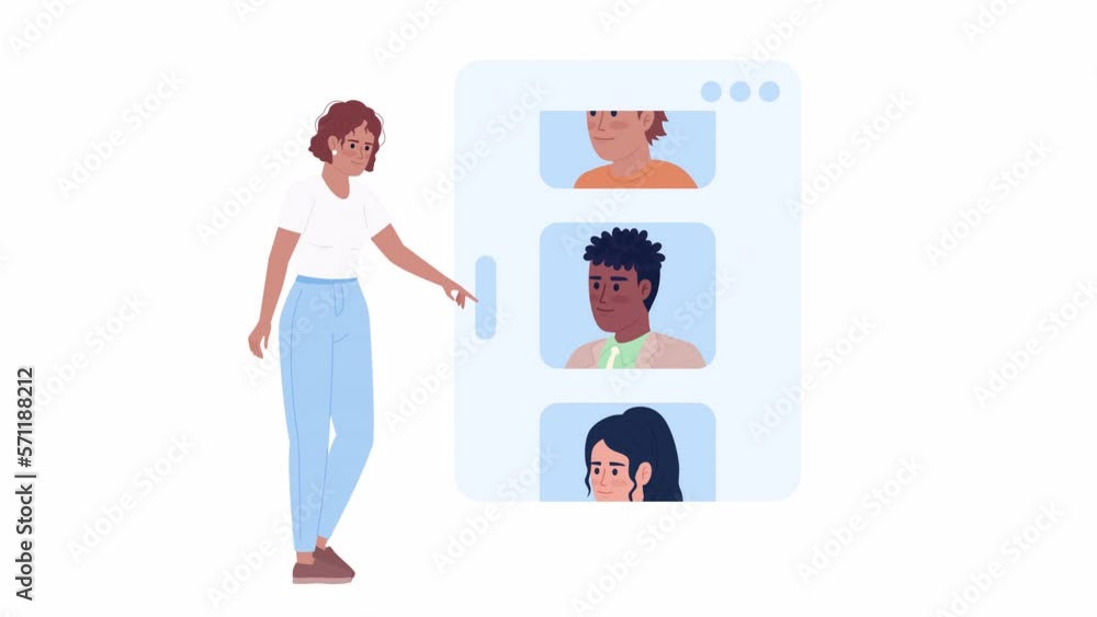 Animated woman scrolling feed. Finding clients in social media. Customers list. 2D cartoon flat character 4K video footage on white with alpha channel transparency. Concept animation for web design Animated woman scrolling feed. Finding clients in social media. Customers list. 2D cartoon flat character 4K video footage on white with alpha channel transparency. Concept animation for web design