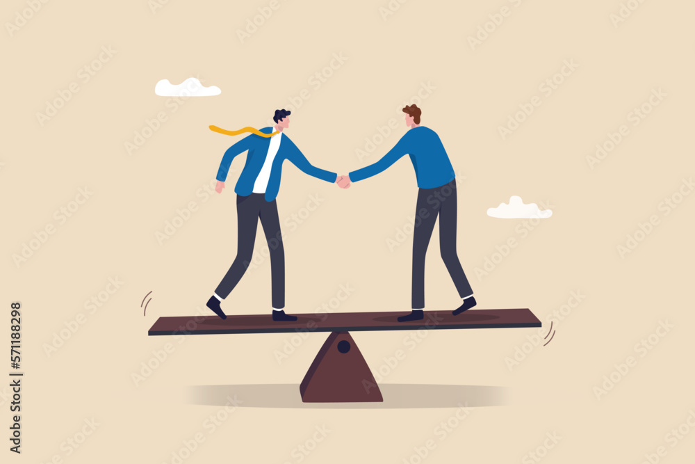 Negotiation for business winning, agreement or partnership deal for both benefit, merger and acquisition, professional talk concept, businessman handshake with success negotiation over balance seesaw. - obrazy, fototapety, plakaty 