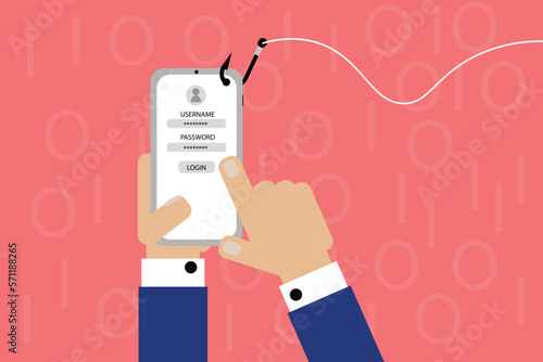 Phishing login and password on fishing hook on smartphone.Concept of Internet and network security.Flat style