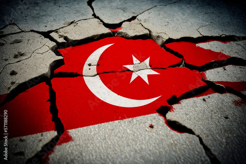 Earthquake in Turkey. Turkey flag on the ground with cracks. Earthquake produced in the province of Kahramanmaras. ruined city. generative AI photo