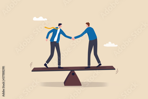 Negotiation for business winning, agreement or partnership deal for both benefit, merger and acquisition, professional talk concept, businessman handshake with success negotiation over balance seesaw.