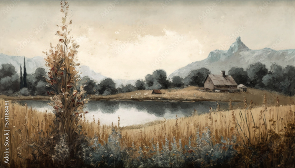 Fototapeta premium Vintage Countryside Landscape With Trees, Shrubbery, and Nature. Rivers and Lakes, Old Country Houses, Oil and Watercolor - Generative AI