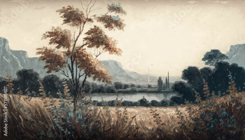 Vintage Countryside Landscape With Trees  Shrubbery  and Nature. Rivers and Lakes  Old Country Houses  Oil and Watercolor - Generative AI