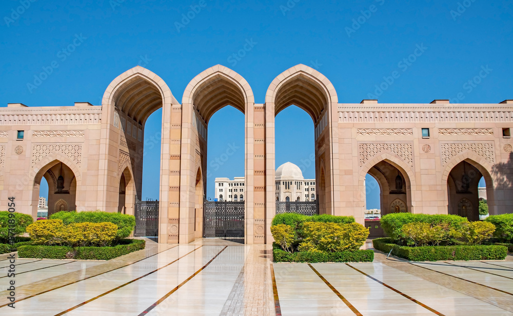 Courtyard of the Sultan Qaboos Grand Mosque in Muscat, Oman