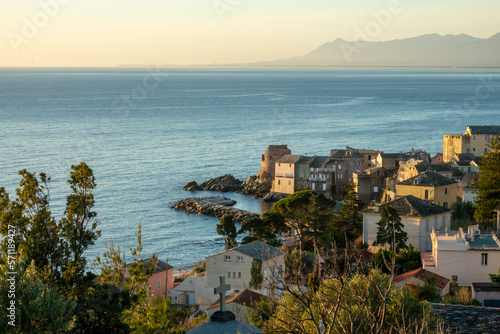 View of  the village of Erbalunga at sunrise  Cap Corse in Corsica  France