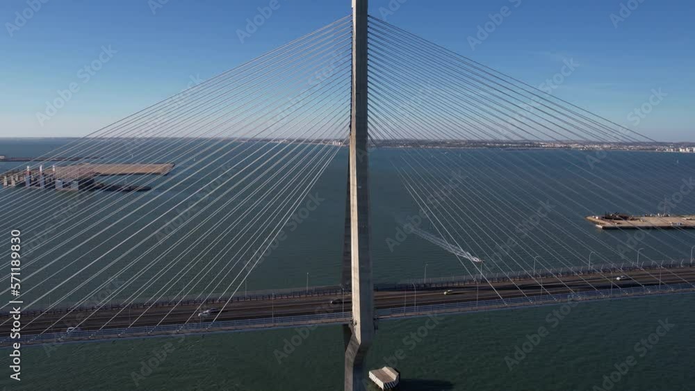 Aerial View of Bridge of Constitution 1912 in Cadiz Spain, Traffic Over Bay on Sunny Summer Day Aerial View of Bridge of Constitution 1912 in Cadiz Spain, Traffic Over Bay on Sunny Summer Day