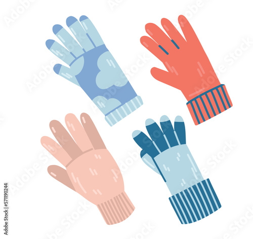 A set of multi-colored warm gloves in flat style. Gloves with colored fingers and cuffs.