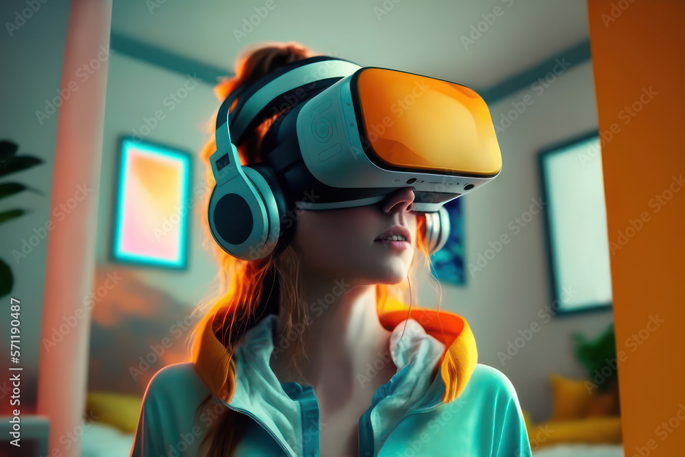 Generative AI image of happy teenager girl in VR virtual reality ...
