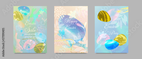 Happy easter  colored eggs  flowers  bunnies  invitation  easter sale. Templates for the design of postcards  posters  covers  flyers. Watercolor effect  vector.