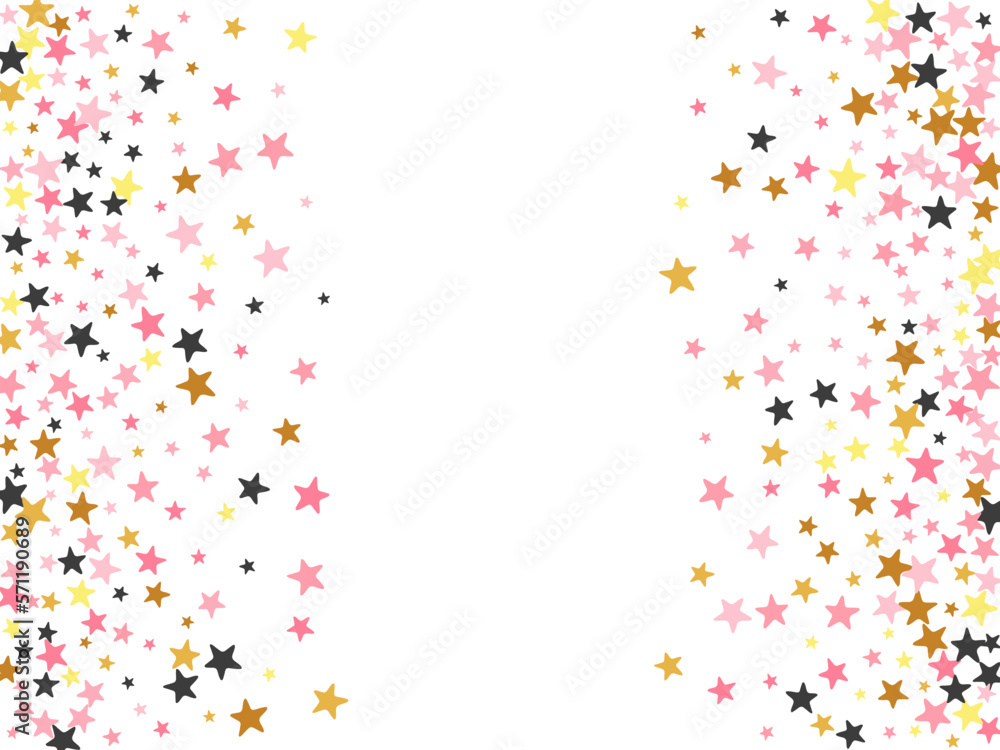 Luxury black pink gold stars random vector backdrop. Many stardust spangles Noel decoration particles. Baby shower stars random design. Sparkle elements poster decor.