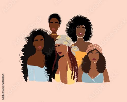 Group of abstract black women. Modern flat style. Portrait of a woman with hairstyles. Design for banner, poster, flyer, t-shirt print