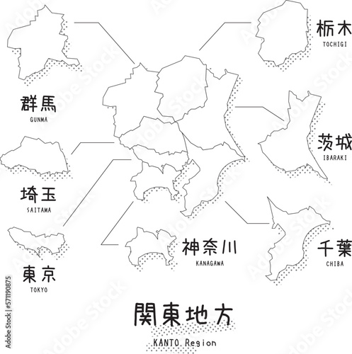 日本の関東地方のマップ（線画）