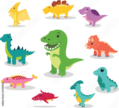 Set of Vector illustration of dinosaurs including Stegosaurus, Brontosaurus, Velociraptor, Triceratops, Tyrannosaurus rex, Spinosaurus, and Pterosaurs.