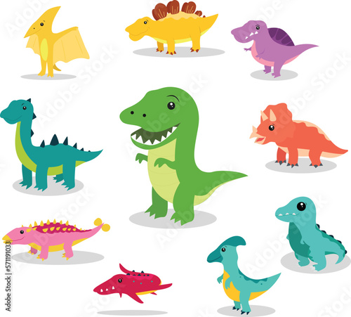 Set of Vector illustration of dinosaurs including Stegosaurus  Brontosaurus  Velociraptor  Triceratops  Tyrannosaurus rex  Spinosaurus  and Pterosaurs.