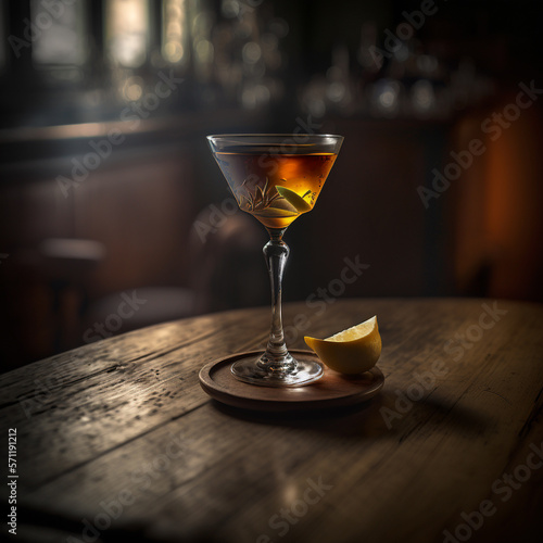 Sophisticated cocktail close up detail, resting on a wooden bar, with a bokeh background and beautiful natural lighting. Ai generated