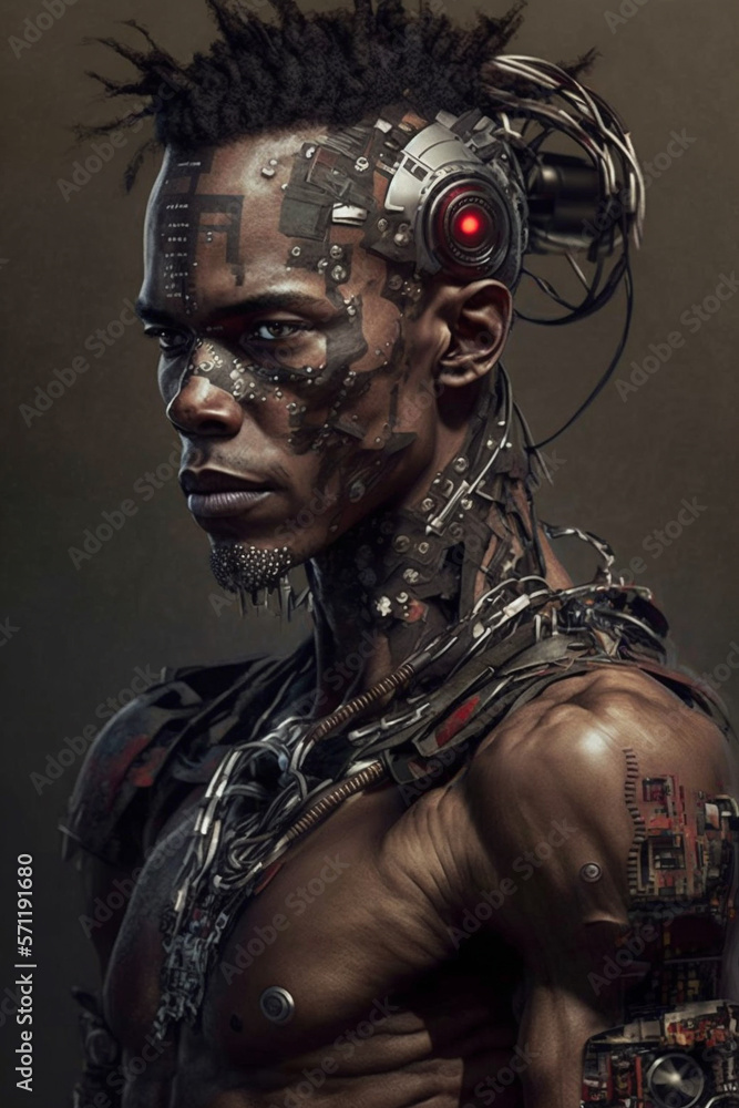 Cyborg with a human and robotic face, radiating wisdom. The image portrays the idea of a harmonious blend between human and machine. Ai generated ( not a real human) Cyborg with a human and robotic face, radiating wisdom. The image portrays the idea of a harmonious blend between human and machine. Ai generated ( not a real human)