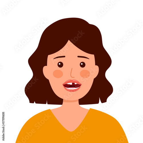 Woman with missing teeth in flat design on white background. Girl loss her tooth.