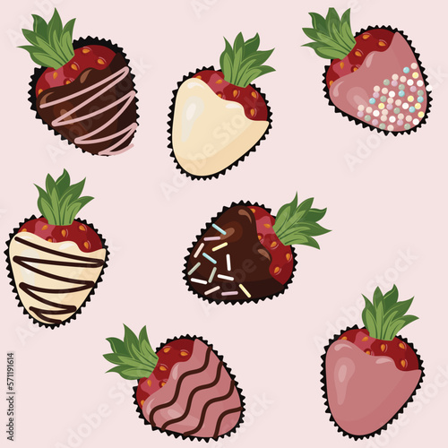 Ripe strawberries in chocolate glaze. fondue dessert. Seamless pattern. Vector illustration.