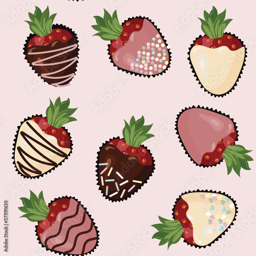Ripe strawberries in chocolate glaze. fondue dessert. Seamless pattern. Vector illustration.