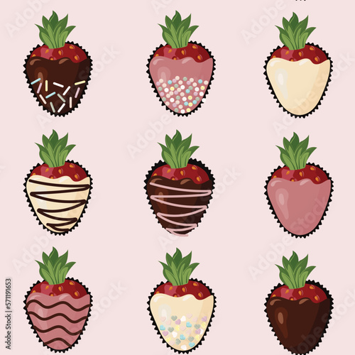 Ripe strawberries in chocolate glaze. fondue dessert. Seamless pattern. Vector illustration.