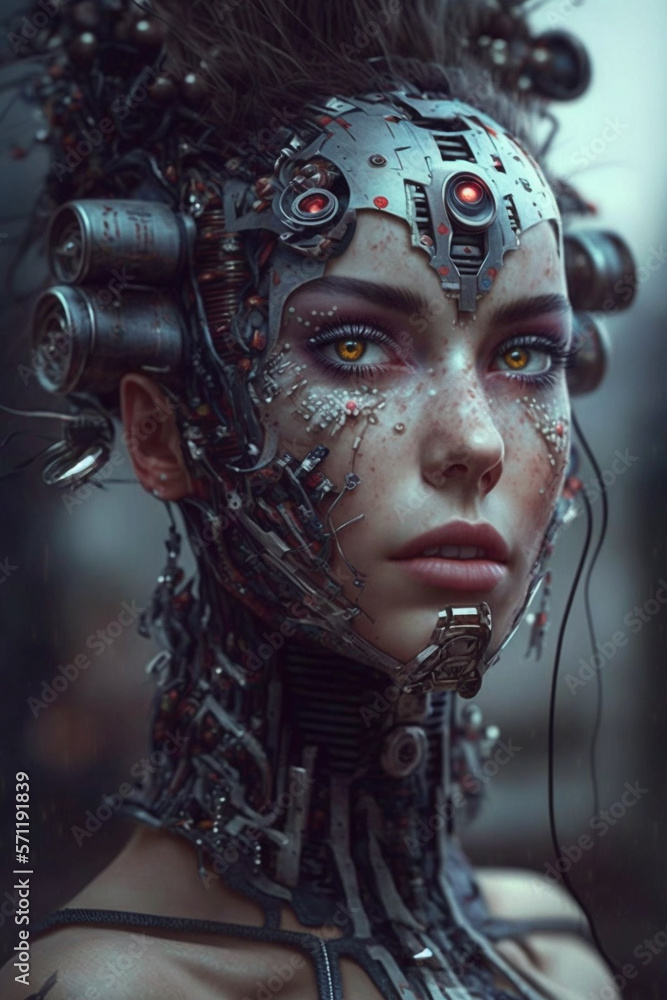 Cyborg with a human and robotic face, radiating wisdom. The image portrays the idea of a harmonious blend between human and machine. Ai generated ( not a real human) Cyborg with a human and robotic face, radiating wisdom. The image portrays the idea of a harmonious blend between human and machine. Ai generated ( not a real human)
