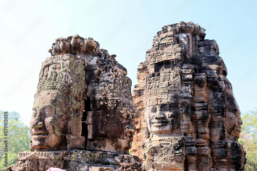 Naklejka premium Bayon temple in Cambodia, faces of unknown deities