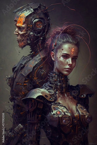Cyborg with a human and robotic face, radiating wisdom. The image portrays the idea of a harmonious blend between human and machine. Ai generated ( not a real human)