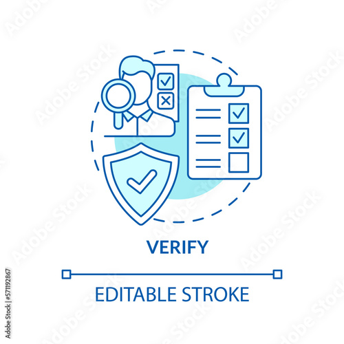 Verify turquoise concept icon. Inspect potential food hazard. HACCP on practice abstract idea thin line illustration. Isolated outline drawing. Editable stroke. Arial, Myriad Pro-Bold fonts used