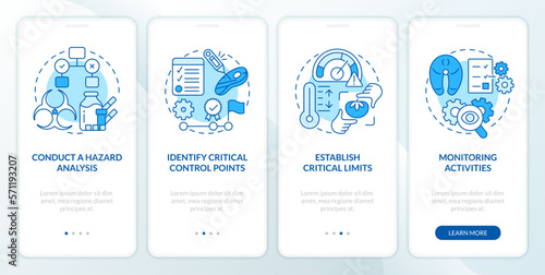 HACCP principles blue onboarding mobile app screen. Risks reducing walkthrough 4 steps editable graphic instructions with linear concepts. UI, UX, GUI template. Myriad Pro-Bold, Regular fonts used