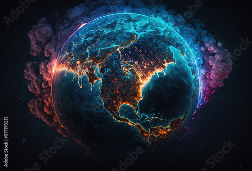 Earth view from space  galaxy  cyberpunk era  bright colors  network technology. Generative AI.