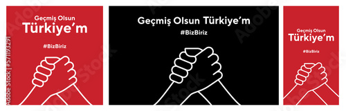 Turkey earthquake. Pray for Turkey earthquake. Turkish: Geçmiş olsun Türkiye. Map of Turkey in color of national flag with cracks. Pray for Turkey Vector illustration set.