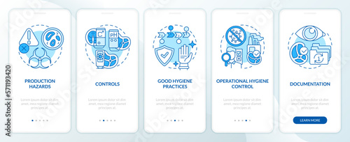 Planning approach to HACCP blue onboarding mobile app screen. Safety walkthrough 5 steps editable graphic instructions with linear concepts. UI, UX, GUI template. Myriad Pro-Bold, Regular fonts used