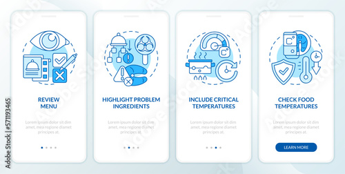 HACCP on practice blue onboarding mobile app screen. Risk analysis walkthrough 4 steps editable graphic instructions with linear concepts. UI, UX, GUI template. Myriad Pro-Bold, Regular fonts used